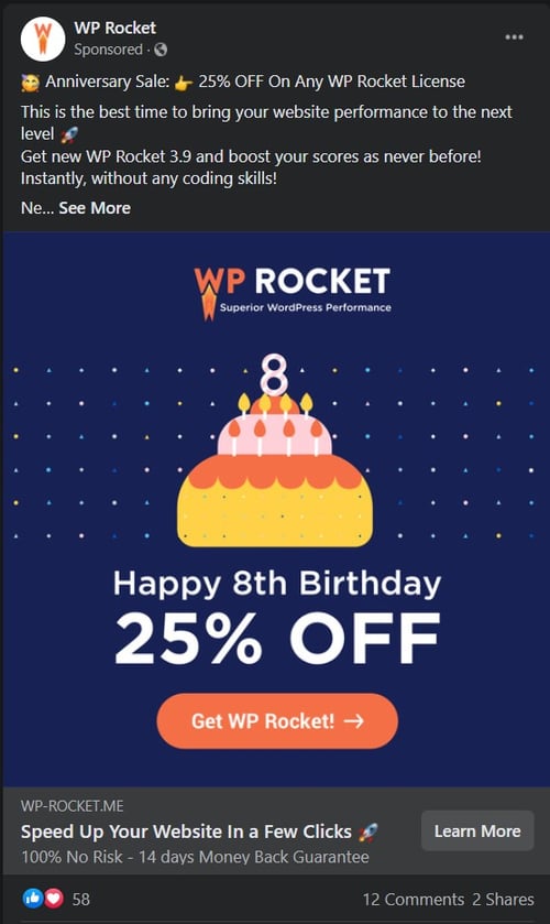 WPRocket Facebook ad